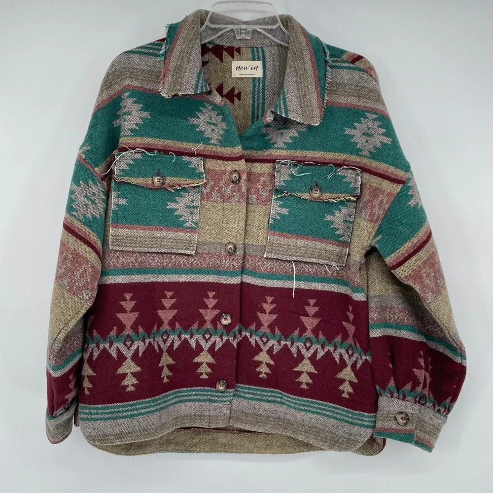 Newin Womens‎ Aztec Southwestern Shacket Jacket Burgundy Teal Small
